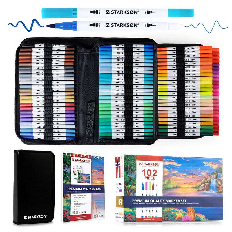 Foto van Starksøn® 102 stuks twinmarkers set - dual tip brush markers - dubbelzijdige stiften