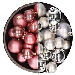 Foto van Kerstversiering kunststof kerstballen mix oud roze/zilver 6-8-10 cm pakket van 44x stuks - kerstbal