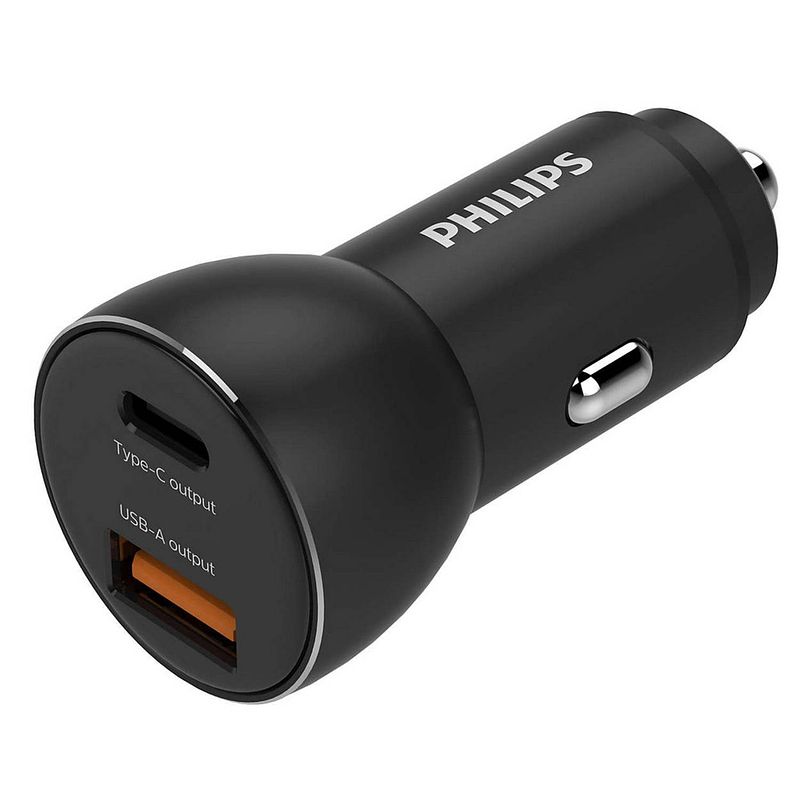 Foto van Philips autolader dlp2521/00 - usb-a en usb-c output - sigarettenaansteker - 36w snel laden - zwart