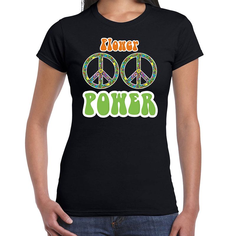 Foto van Toppers jaren 60 flower power verkleed shirt zwart met peace tekens dames m - feestshirts