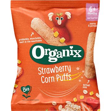 Foto van Organix babysnack strawberry corn puffs 6+m bij jumbo