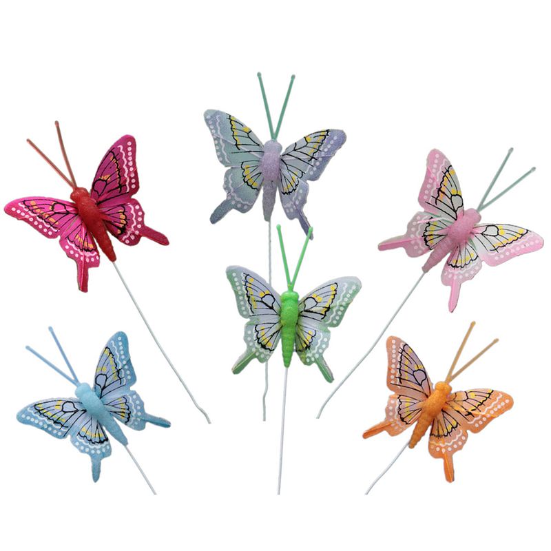 Foto van 24x stuks decoratie vlinders op draad gekleurd - 5 cm - hobbydecoratieobject