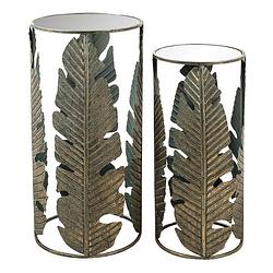 Foto van Clayre & eef bijzettafel set van 2 koperkleurig metaal glas rond bladeren plantentafel sidetable koperkleurig