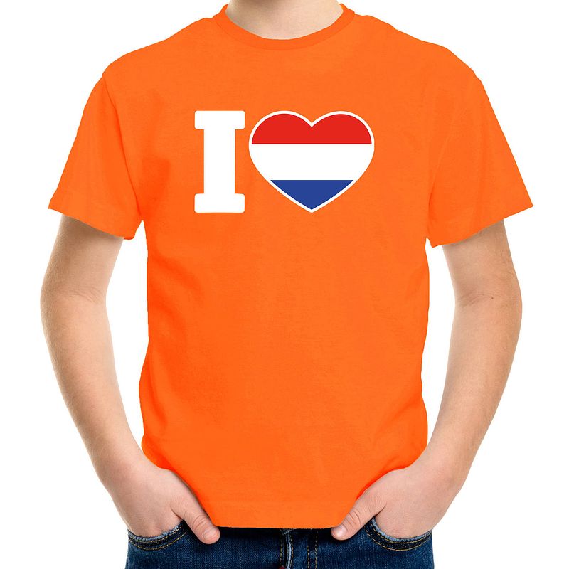 Foto van Oranje i love holland supporter shirt kinderen - oranje koningsdag/ holland supporter kleding m (134-140)