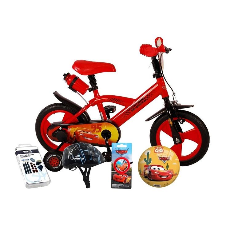 Foto van Volare kinderfiets - disney cars - 12 inch - doortrapper - met bidonhouder - inclusief fietshelm + accessoires