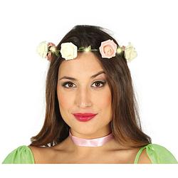Foto van Fiestas verkleed haarband met bloemen en lampjes - roze - meisjes/dames - flower power - verkleedhaardecoratie