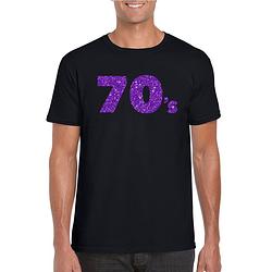 Foto van Zwart 70s t-shirt met paarse glitters heren s - feestshirts