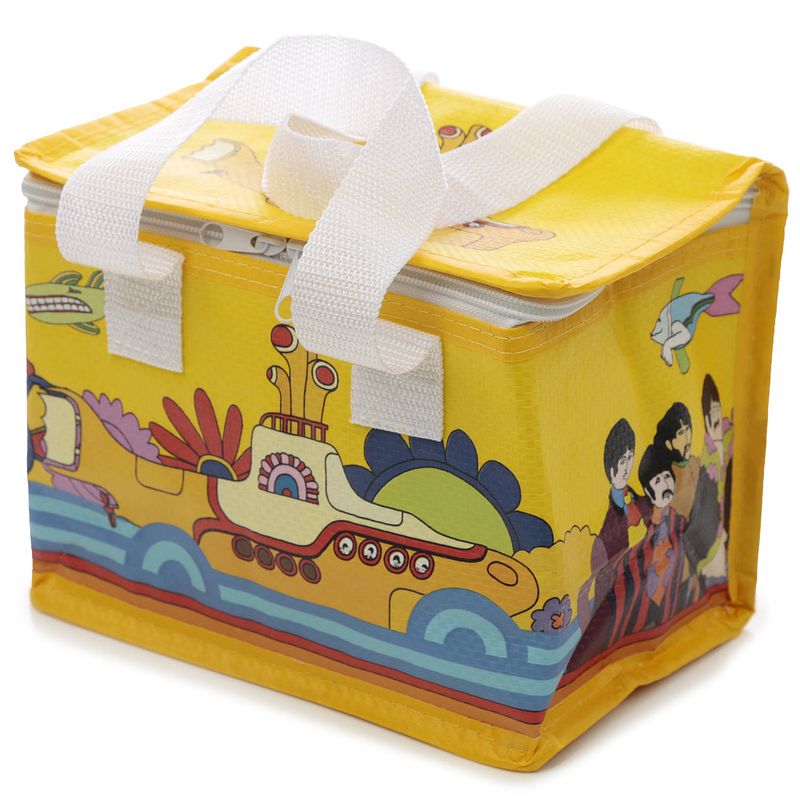 Foto van Kleine koeltas voor lunch geel met yellow submarine print 16 x 21 x 14 cm 4,7 liter - koeltas