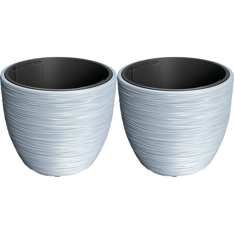 Foto van Prosperplast plantenpot/bloempot furu stripes - 2x - buiten/binnen - kunststof - lichtgrijs - d35 x h35 cm - plantenpott