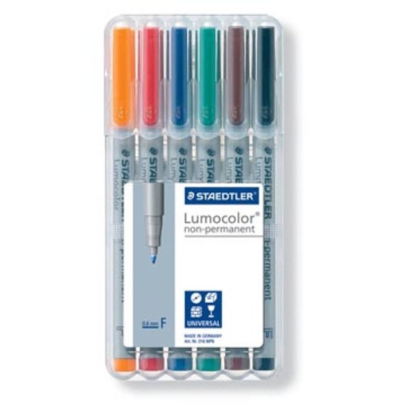 Foto van Staedtler ohp-marker lumocolor permanent geassorteerde kleuren, box met 6 stuks, medium 1 mm