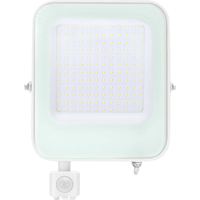 Foto van Led bouwlamp 100 watt met sensor - led schijnwerper - aigi ixi - helder/koud wit 6500k - waterdicht ip65 - mat wit -