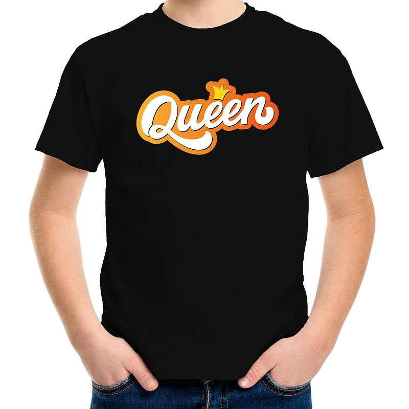 Foto van Koningsdag shirt zwart voor kinderen/ meisjes - queen met kroon xs (110-116) - feestshirts