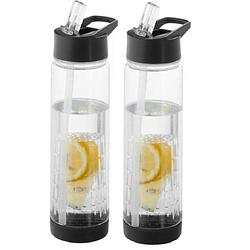 Foto van 2x drinkflessen/waterflessen tranparant met zwart fruit filter 740 ml - drinkflessen