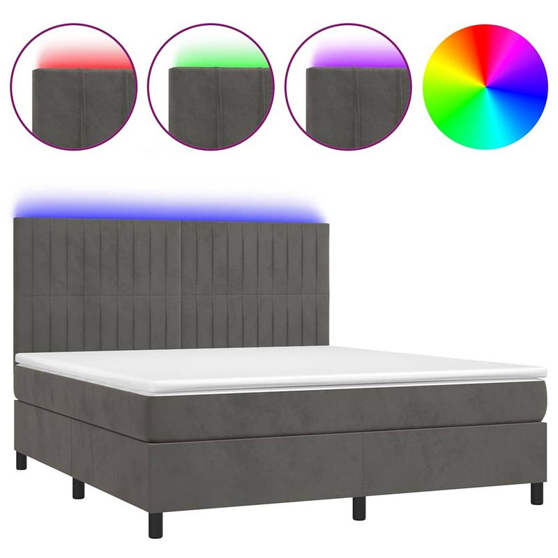 Foto van The living store boxspring - fluweel - donkergrijs - 203 x 160 x 118/128 cm - verstelbaar hoofdbord - led-verlichting -