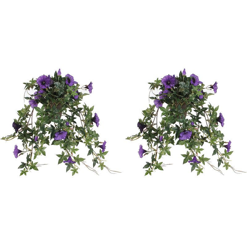 Foto van 2x stuks groene petunia paarse bloemen kunstplanten 50 cm - kunstplanten