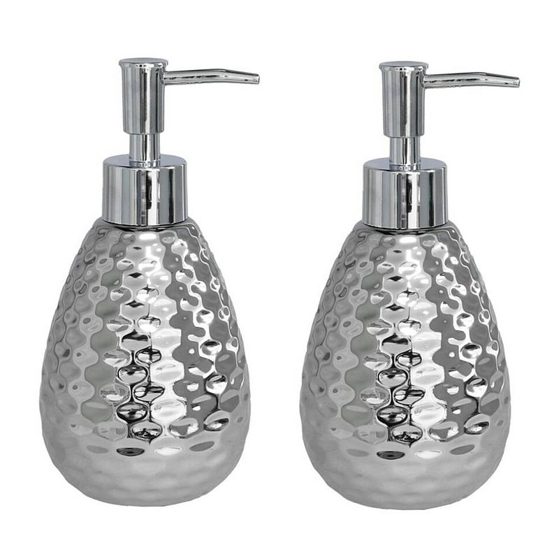 Foto van 2x stuks zeeppompje/dispenser zilver glanzend metaal 8 x 17 cm - zeeppompjes