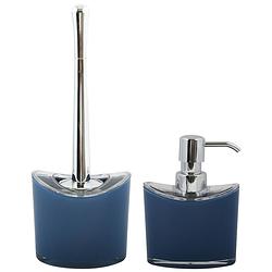 Foto van Msv toiletborstel in houder/zeeppompje - badkamer set aveiro - kunststof - donkerblauw - badkameraccessoireset