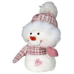 Foto van Pluche decoratie sneeuwpop - 27 cm - roze - pop - met sjaal en muts - kerstman pop