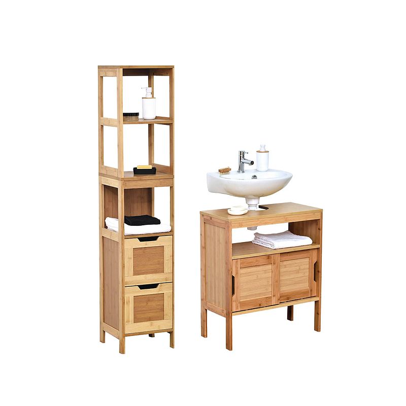 Foto van 4goodz badkamer-set wastafelonderkast + kolomkast hoog bamboe mahe