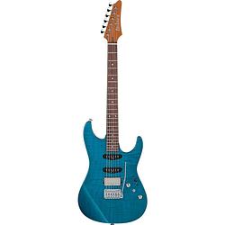 Foto van Ibanez mmn1 transparent aqua blue martin miller signature elektrische gitaar met koffer
