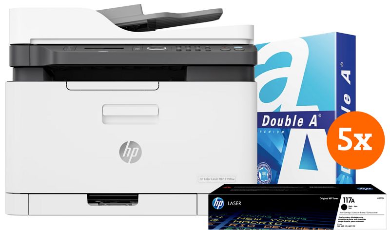 Foto van Hp color laser mfp 179fnw + 1 extra zwarte toner + 2.500 vellen a4 papier