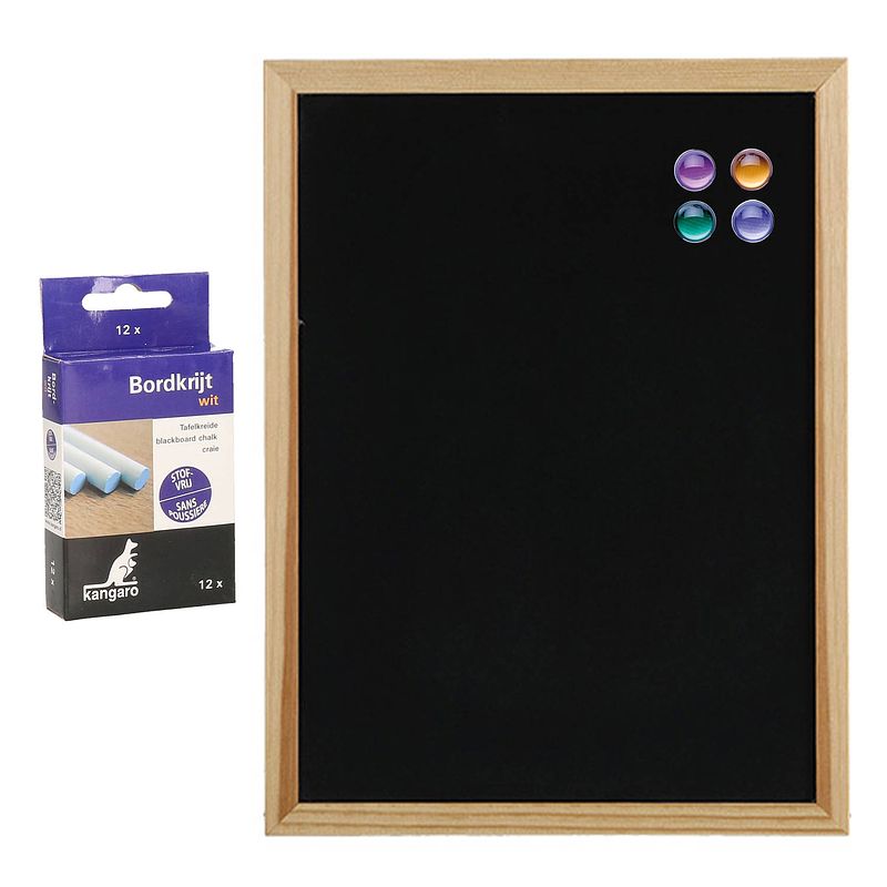 Foto van Krijtbord/schoolbord met magneten en 12x krijtjes - 30 x 40 cm - krijtborden