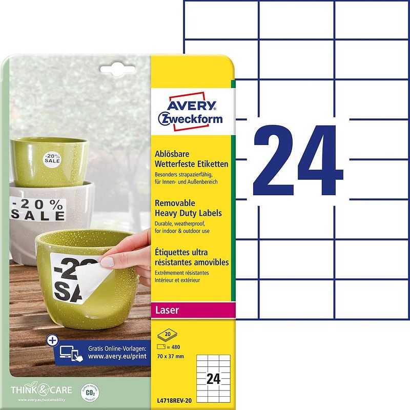 Foto van Avery-zweckform l4718rev-20 etiketten 70 x 37 mm polyester folie wit 480 stuk(s) weer verwijderbaar universele etiketten, weerbestendige etiketten laser, kopie