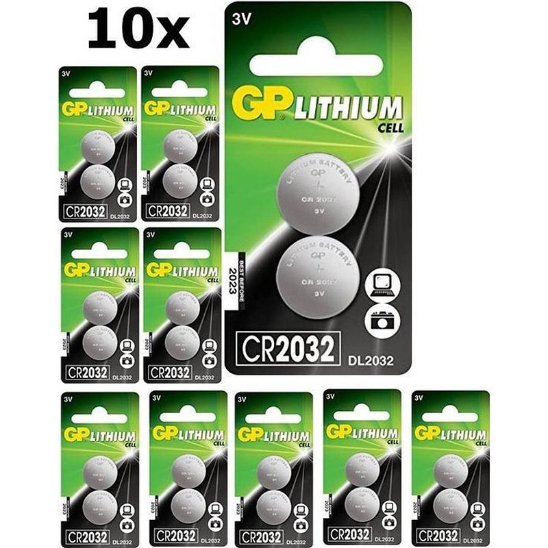 Foto van 20 stuks (10 blister a 2st) gp cr2032 210mah 3v lithium batterij