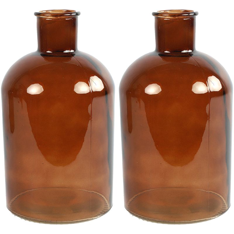 Foto van 2x stuks countryfield vaas - bruin - glas - apotheker fles vorm - d14 x h27 cm - vazen