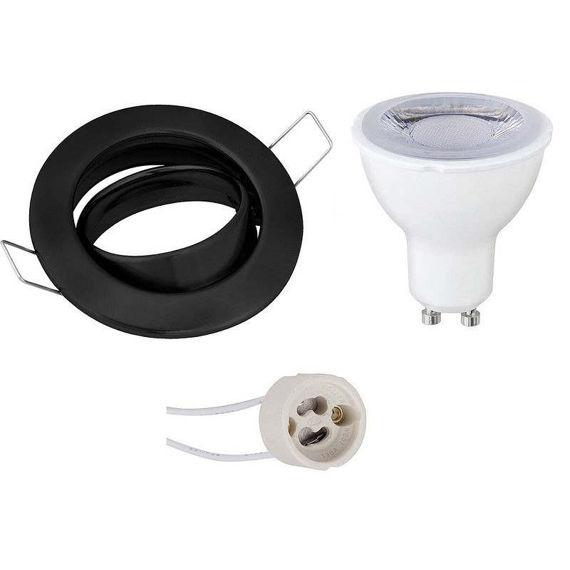 Foto van Led spot set - gu10 fitting - dimbaar - inbouw rond - mat zwart - 6w - helder/koud wit 6400k - kantelbaar ø82mm