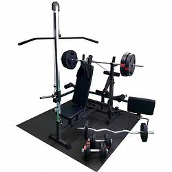 Foto van Gorilla sports fitnessbank zwart met gewichten 100 kg - lat pulley - puzzelmat -