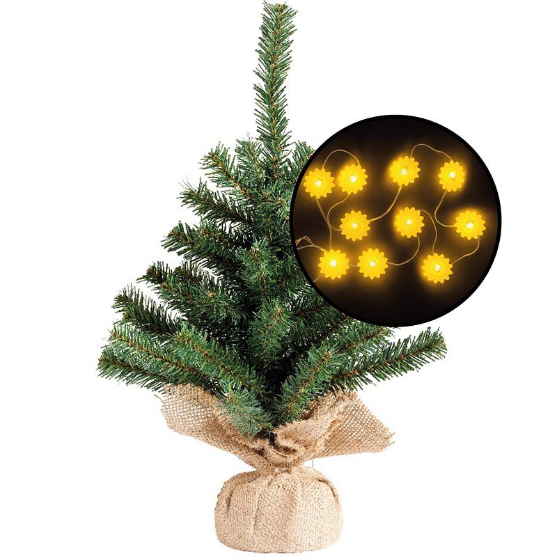 Foto van Mini kerstboom - groen - met zonnebloemen verlichting - h45 cm - kunstkerstboom