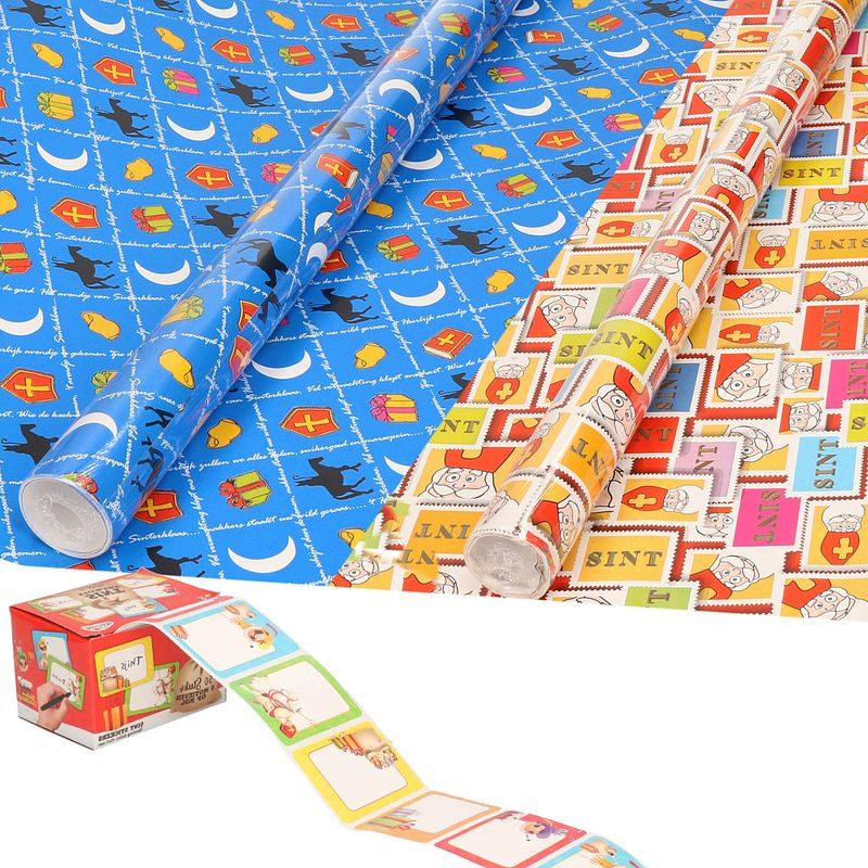 Foto van Sinterklaas inpakpapier/cadeaupapier 6x rollen en 50 naam stickers - cadeaupapier