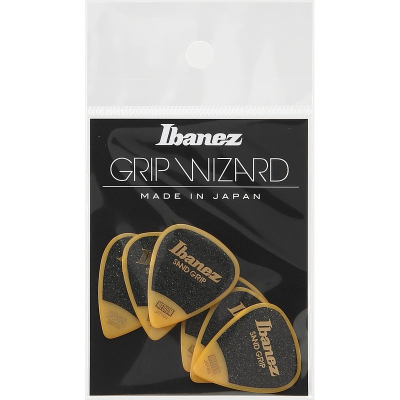 Foto van Ibanez ppa14msgye grip wizard series sand grip plectrumset 6-pack teardrop geel medium