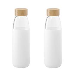 Foto van 2x stuks glazen waterfles/drinkfles met witte siliconen bescherm hoes 540 ml - drinkflessen