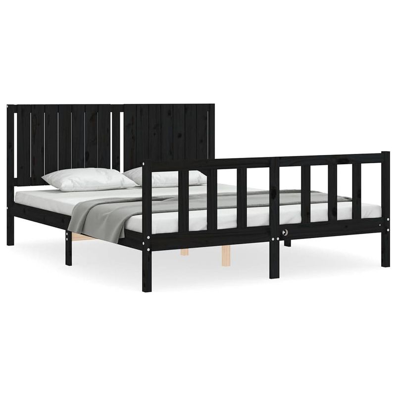 Foto van The living store massief grenenhouten bedframe - zwart - 205.5 x 155.5 x 100 cm - multiplex lattenbodem - functioneel