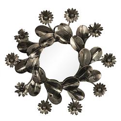 Foto van Haes deco - ronde spiegel met bloemen - grijs - ø 15x2 cm - metaal / glas - wandspiegel, spiegel rond