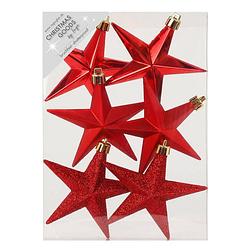 Foto van 6x stuks kunststof kersthangers sterren rood 10 cm kerstornamenten - kersthangers