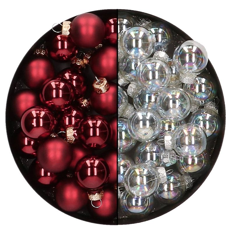 Foto van Mini kerstballen - 48x- transparant parelmoer/donkerrood - 2,5 cm - glas - kerstbal