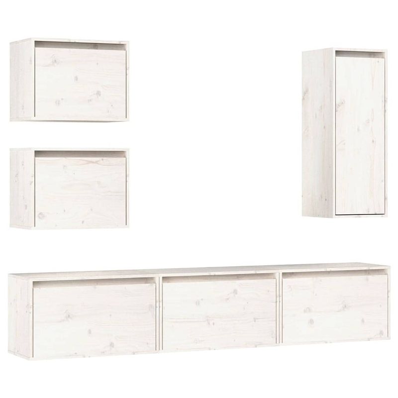 Foto van The living store tv meubel set - hangkast - massief grenenhout - wit - 3x 60x30x35cm - 2x 45x30x35cm - 1x 30x30x80cm