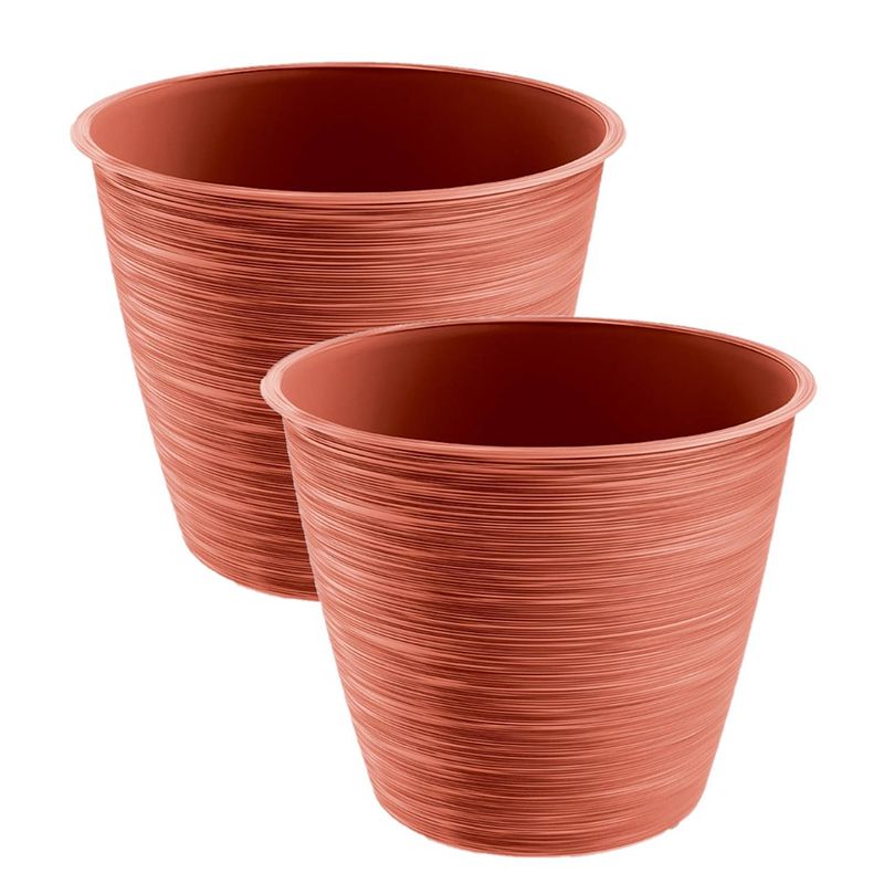 Foto van 2x stuks stijlvolle kunststof plantenpot/bloempot dia 20 cm/hoogte 17 cm paintstripe stone rood - plantenpotten