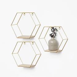 Foto van Set van 3 zeshoekige metalen wandrekjes met houten plankje - goud