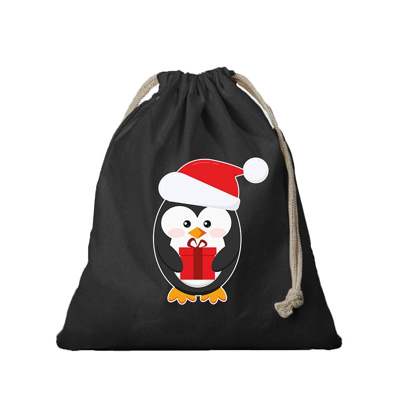 Foto van 2x kerst cadeauzak zwart pinguin met koord voor als cadeauverpakking - cadeauverpakking kerst