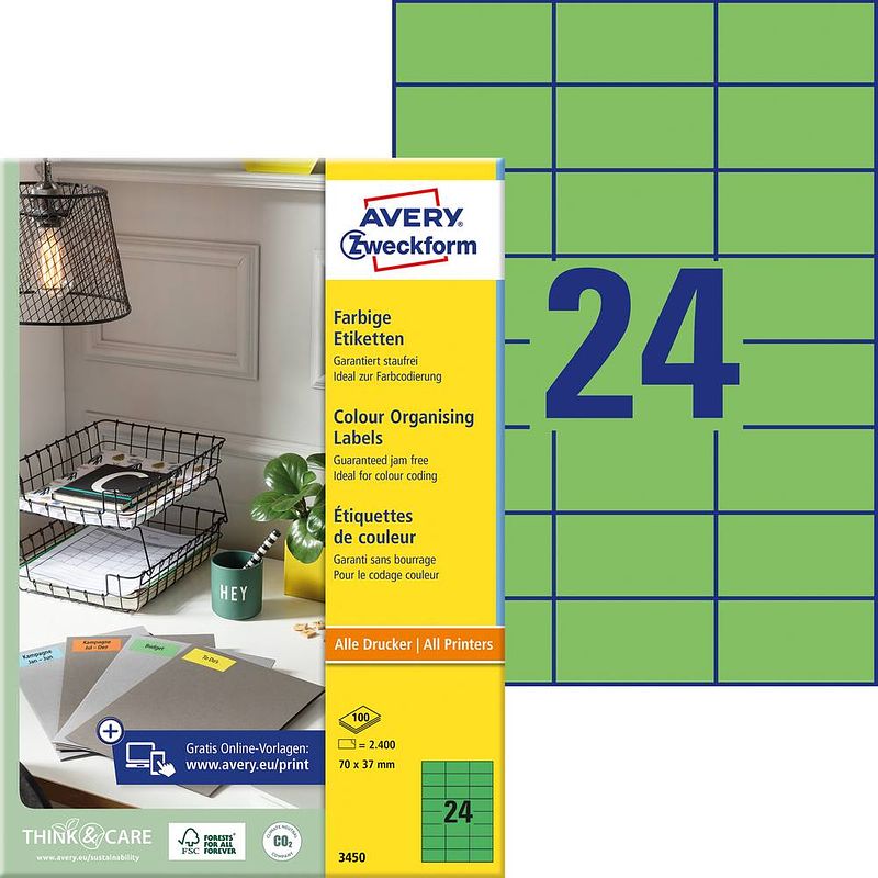 Foto van Avery zweckform 3450 gekleurde universele etiketten ft 70 x 37 mm (b x h), 2.400 etiketten, groen