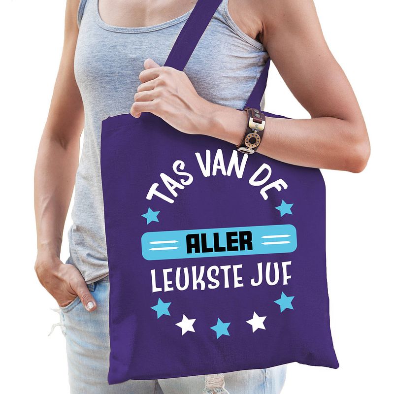 Foto van Bellatio decorations cadeau tas juf - paars/blauw - 42 x 38 cm - tas van de aller leukste juf - feest boodschappentassen