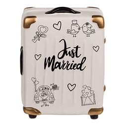 Foto van Spaarpot koffer 'sjust married's - sparen voor je huwelijksreis - ca. 11 x 6,5 x 16,5 cm - keramiek - spaarpot trouwen -