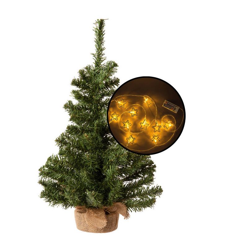 Foto van Mini kerstboom - groen - met 3d sterren verlichting - h60 cm - kunstkerstboom