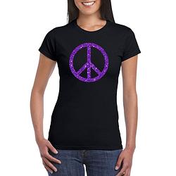 Foto van Toppers zwart flower power t-shirt paarse glitter peace teken dames m - feestshirts