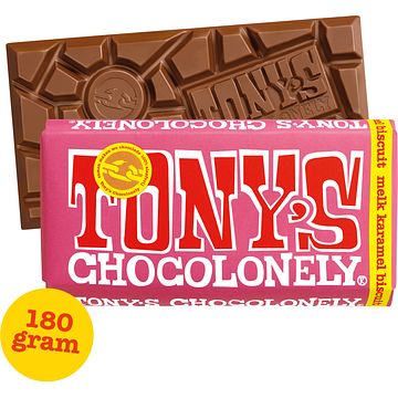 Foto van 2 voor € 4,50 | tony's chocolonely melk karamel biscuit chocolade reep 180g aanbieding bij jumbo