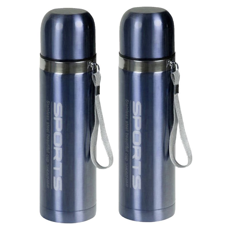 Foto van 2x stuks metallic thermosflessen / isoleerflessen rvs voor onderweg lichtblauw 500 ml - thermosflessen